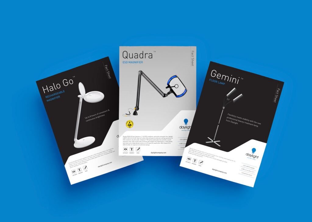 Halo Go, Quadra and Gemini product fact sheets using the same s-curve layout