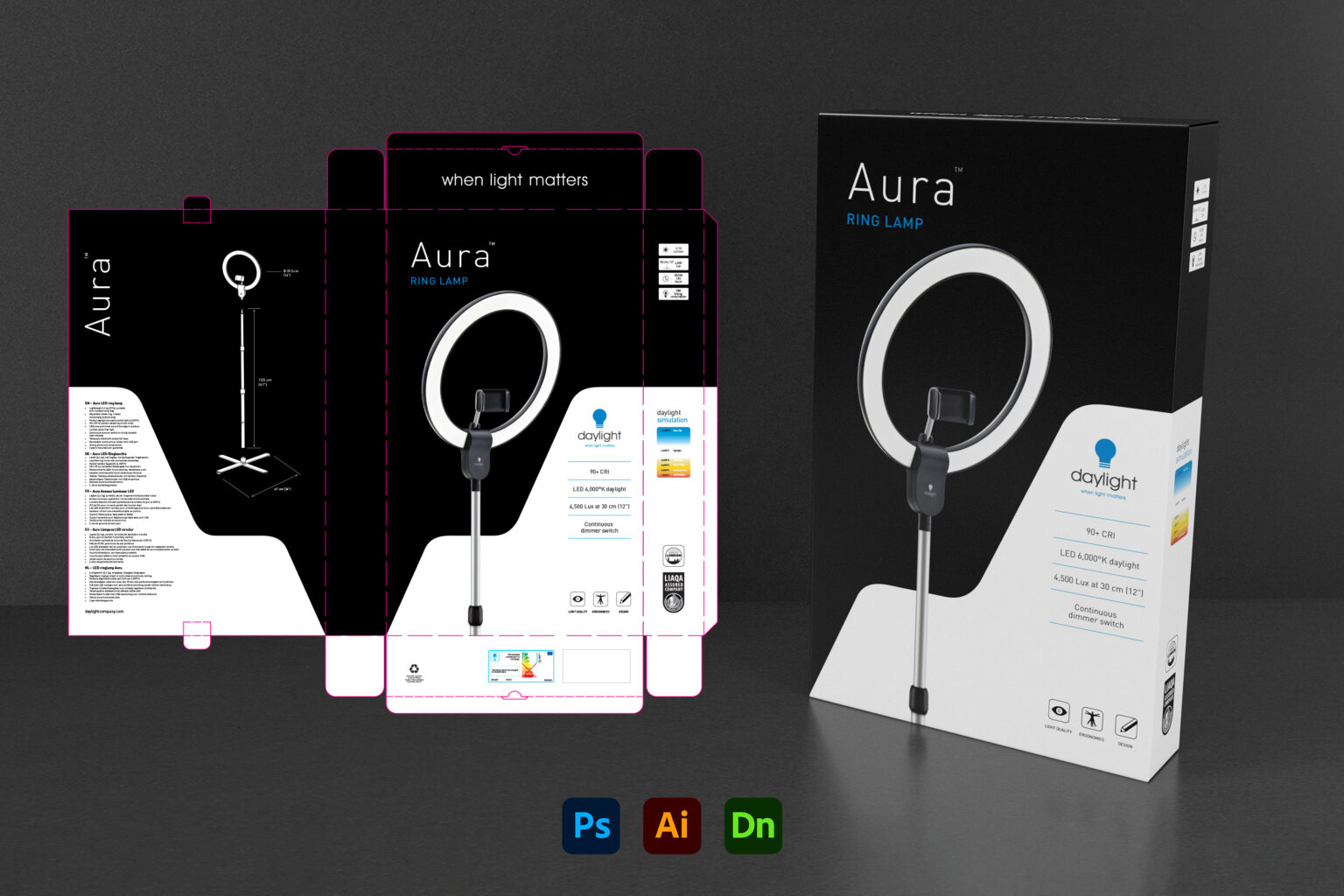 Aura Ring Lamp packaging artwork showing the s-curve dividing the black and white fields