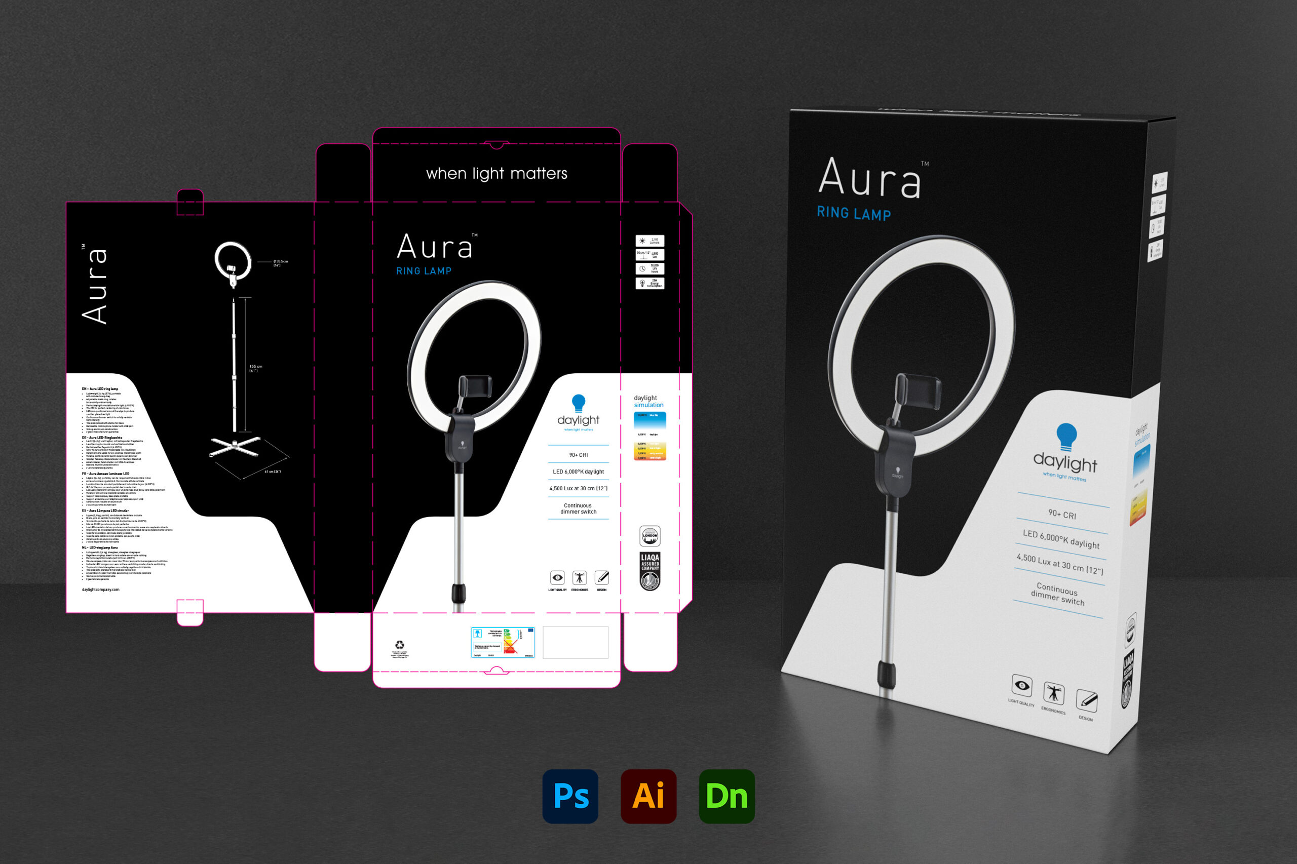 Aura Ring Lamp packaging dieline and finished box render