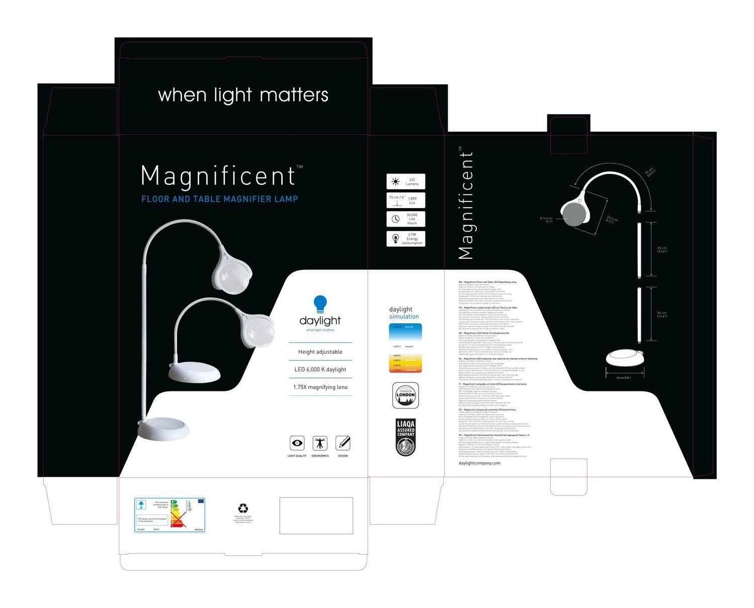 Magnificent floor and table magnifying lamp packaging artwork