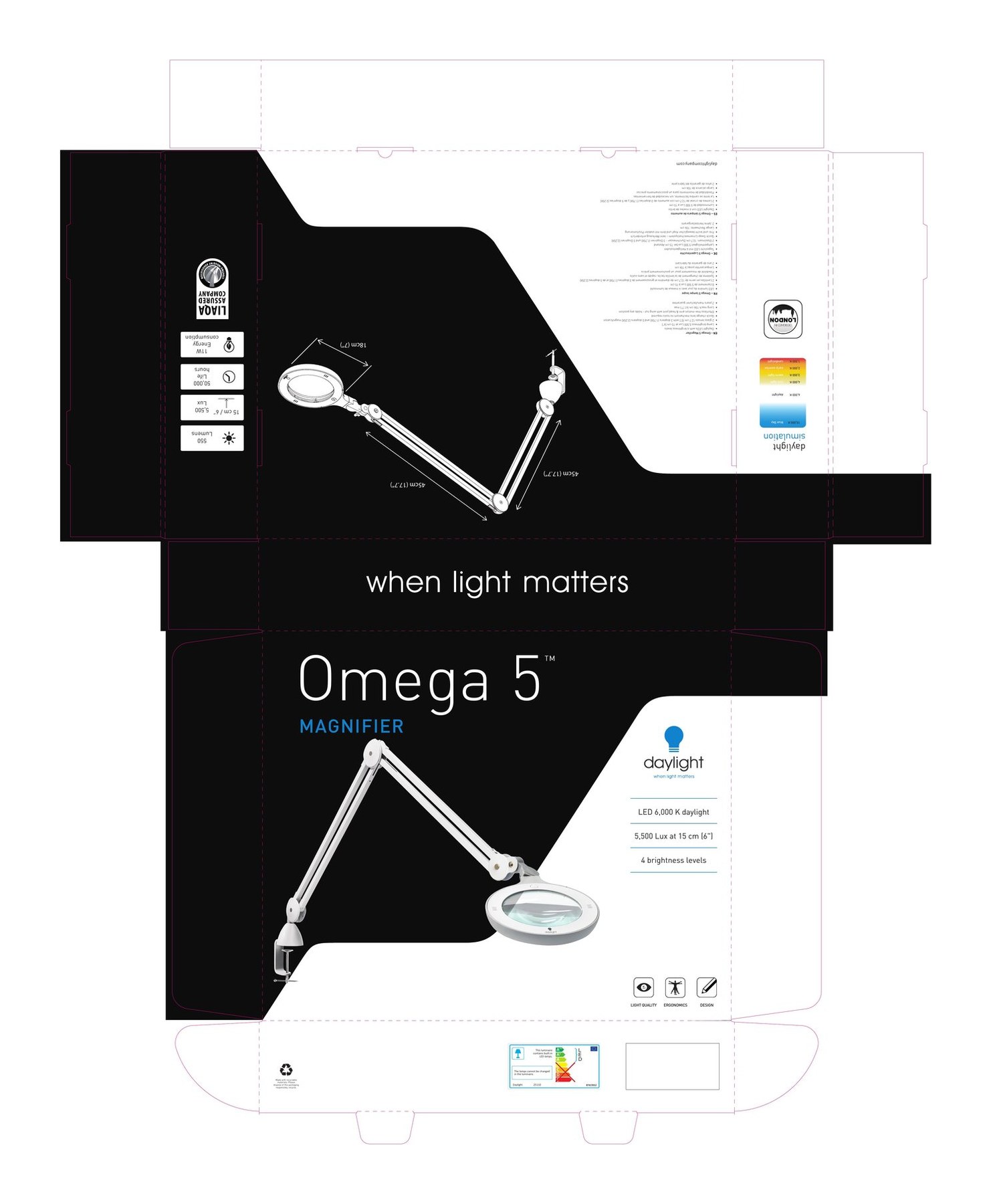 Omega 5 magnifier lamp packaging artwork designed for The Daylight Company