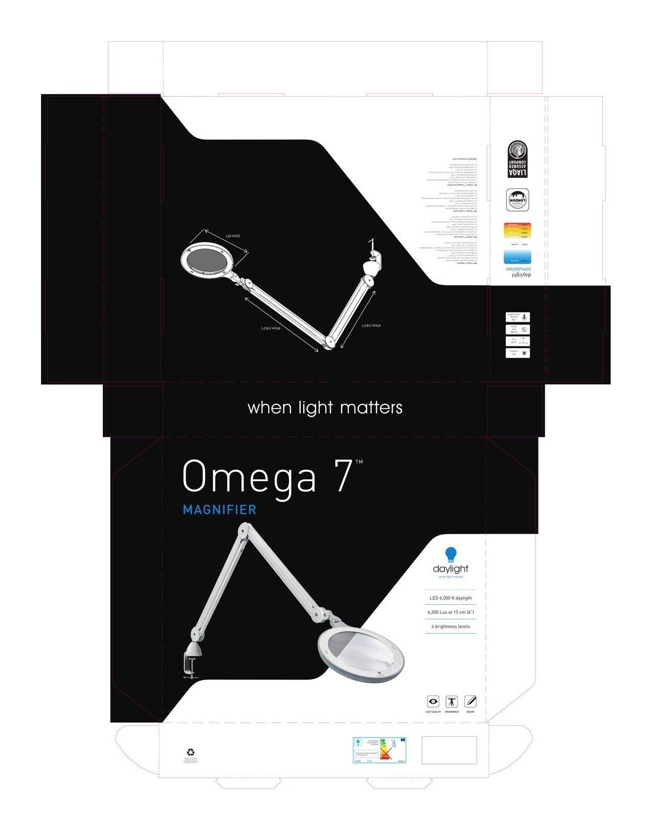 Omega 7 magnifier lamp packaging artwork designed for The Daylight Company