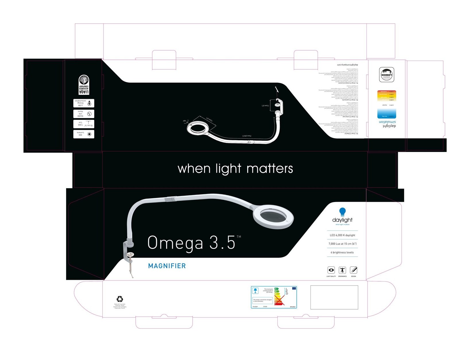 Omega 3.5 magnifier lamp packaging artwork designed for The Daylight Company