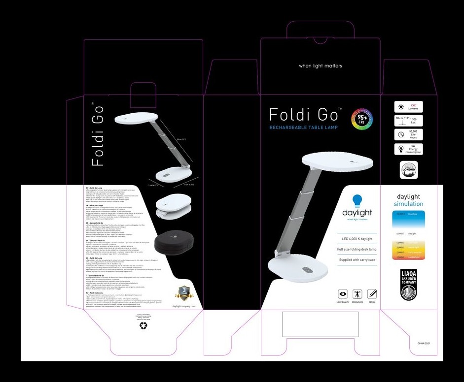 Foldi Go portable lamp packaging artwork designed for The Daylight Company