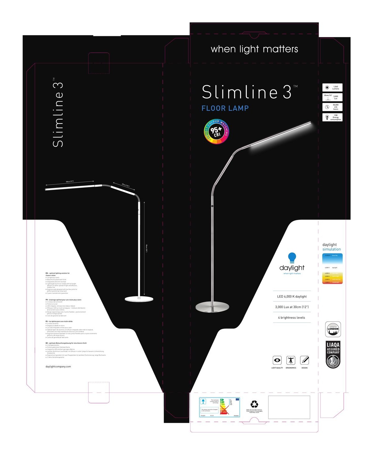 Slimline 3 Floor lamp packaging artwork designed for The Daylight Company