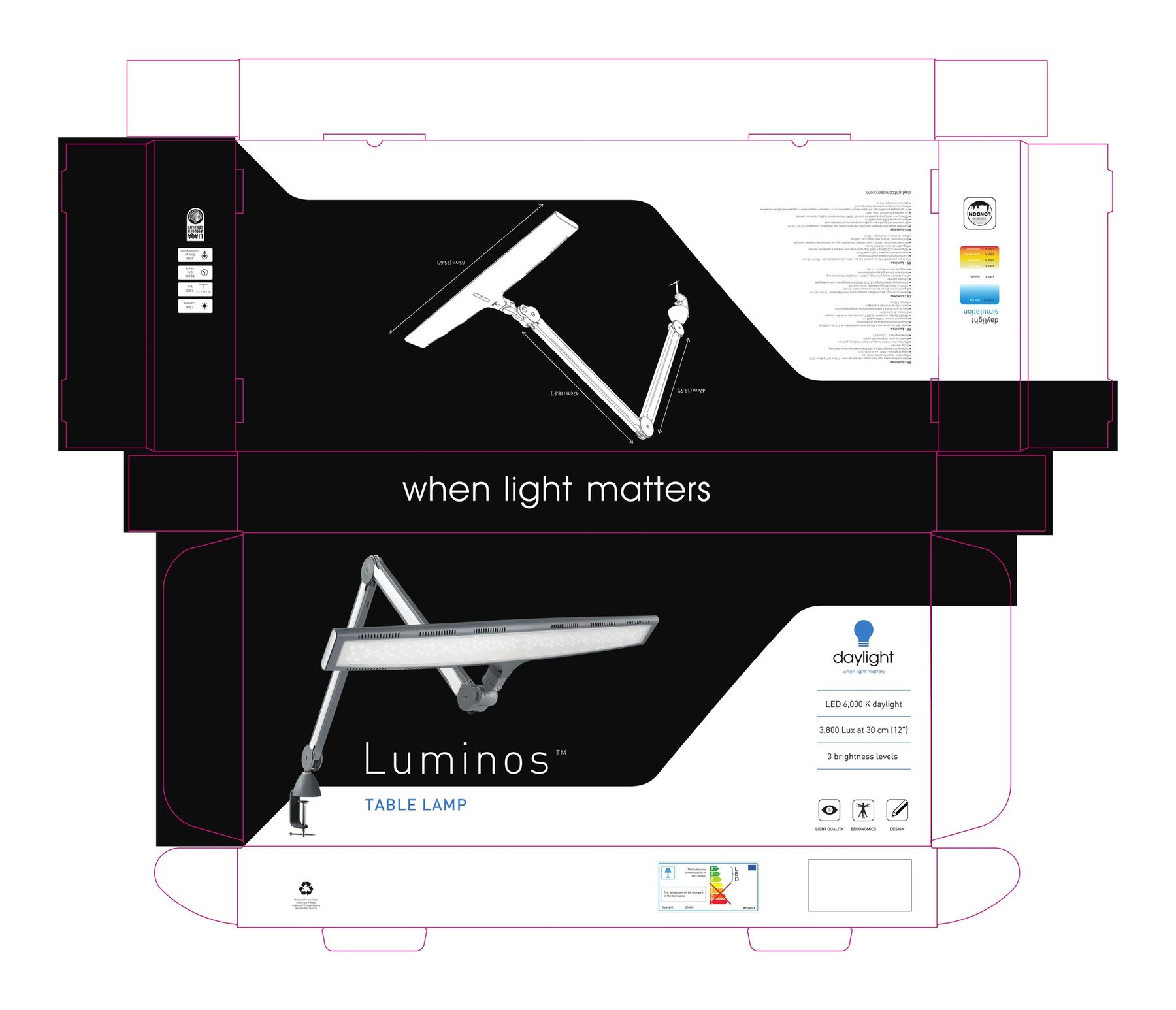 Luminos table lamp packaging artwork designed for The Daylight Company