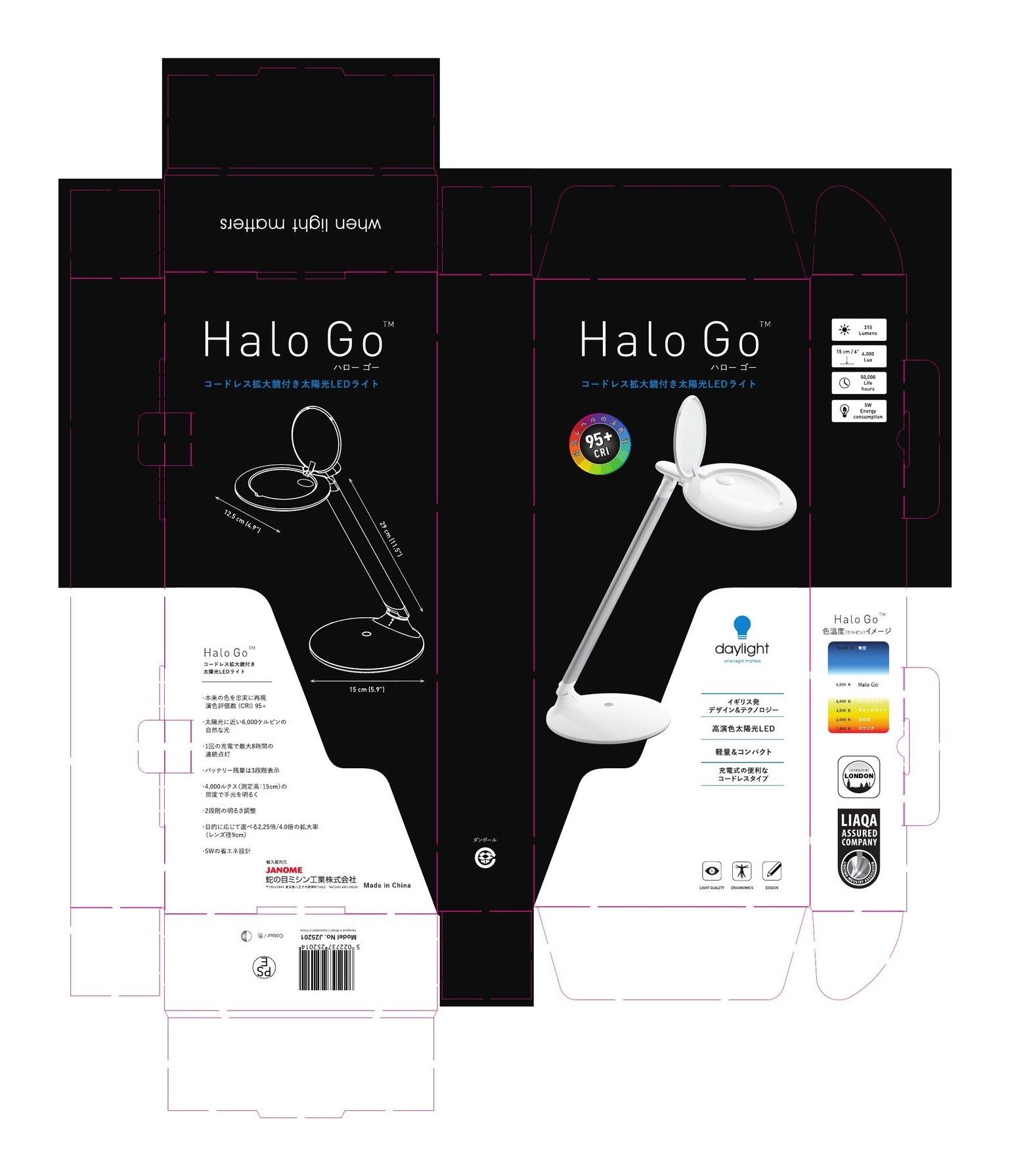 Halo Go portable magnifier lamp packaging artwork with 95+ CRI badge